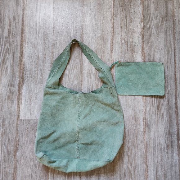 Haute Hippe Suede Leather Sage Green Shoulder Bag Purse & Wallet Boho Sz M - Picture 4 of 16